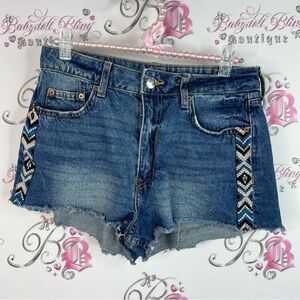 Divided shorts embroidered sides Blue Jean Shorts with Patterned Sides